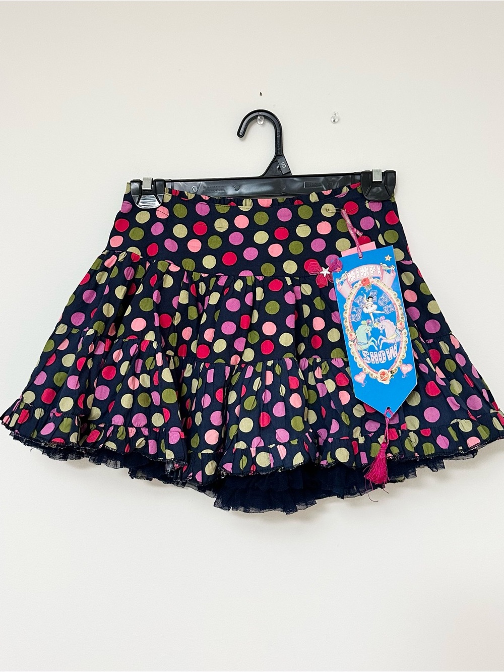 NEW Mim-Pi Tiered Layered Navy Skirt with Pink and Yellow Polka Dots Girls 8/9